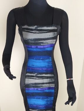 Aysha NY Designer Sleeveless Bodycon Dress Blue Stripe Panel Size 4